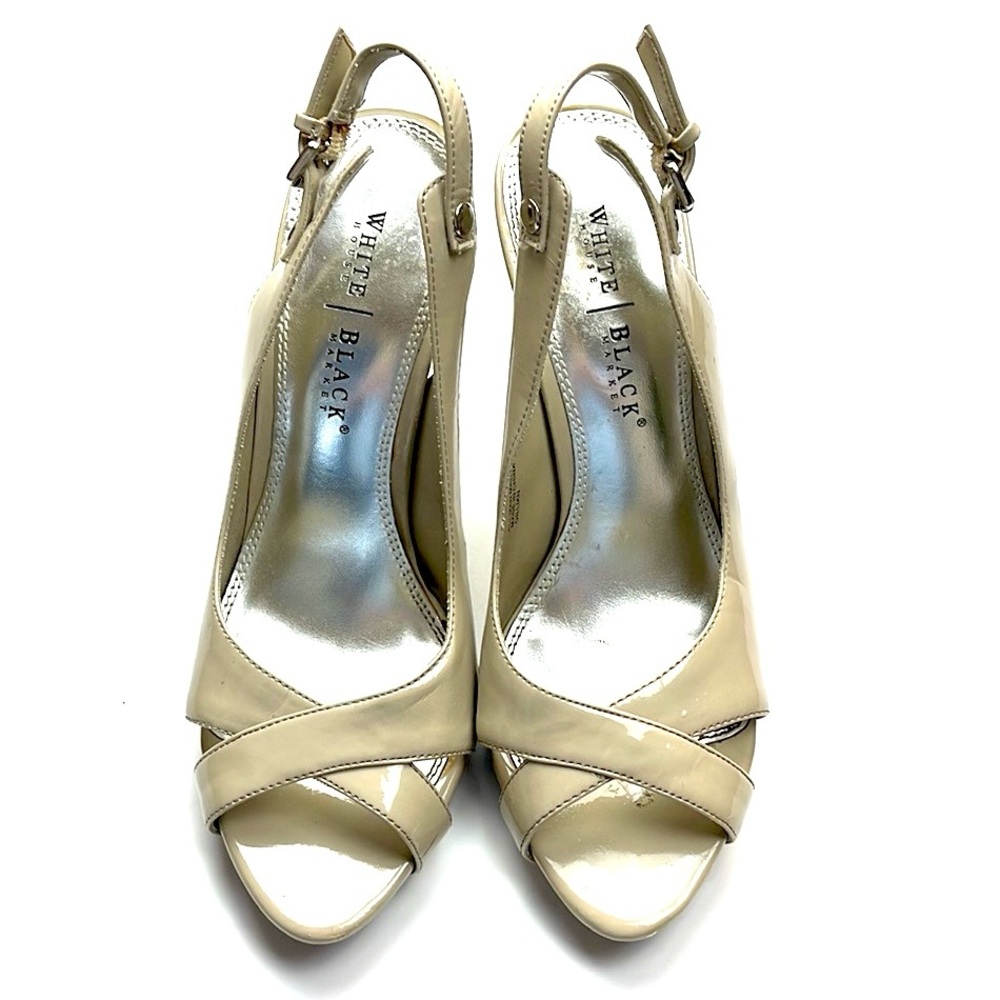 WHBM TAN OPEN TOE SLING BACK HEELS - Picture 3 of 10